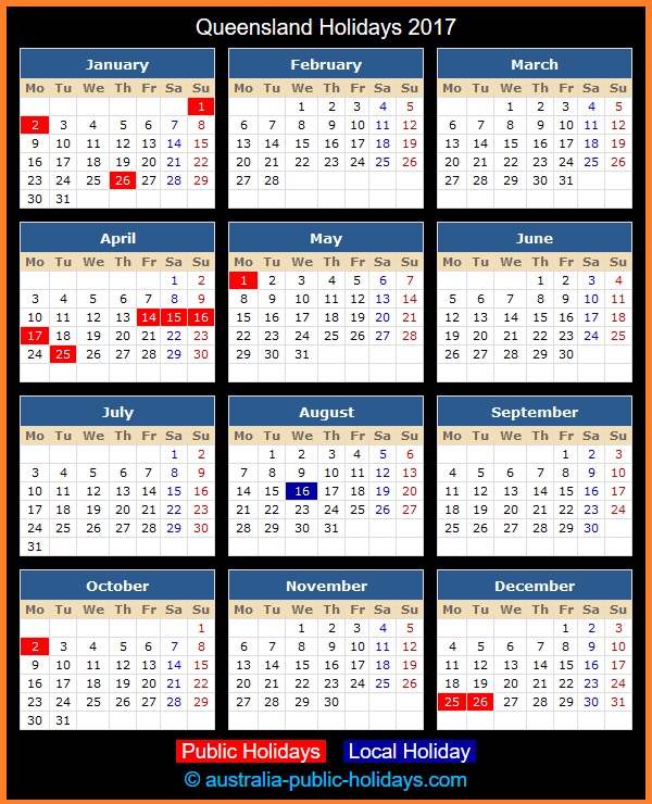 Queensland Holiday Calendar 2017