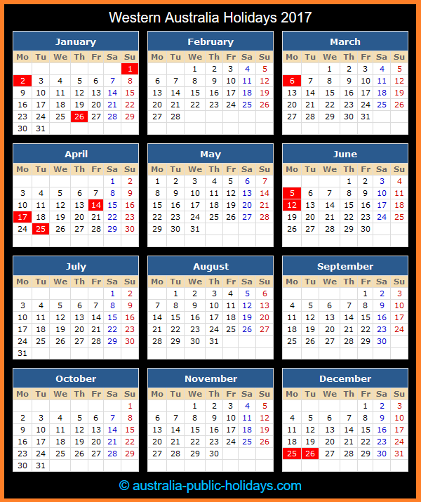 Western Australia Holiday Calendar 2017