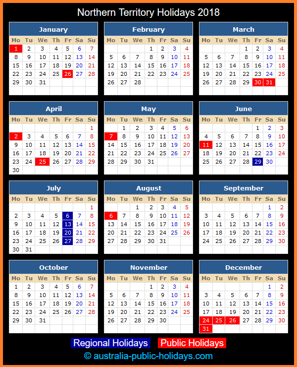 Northern Territory Holiday Calendar 2018