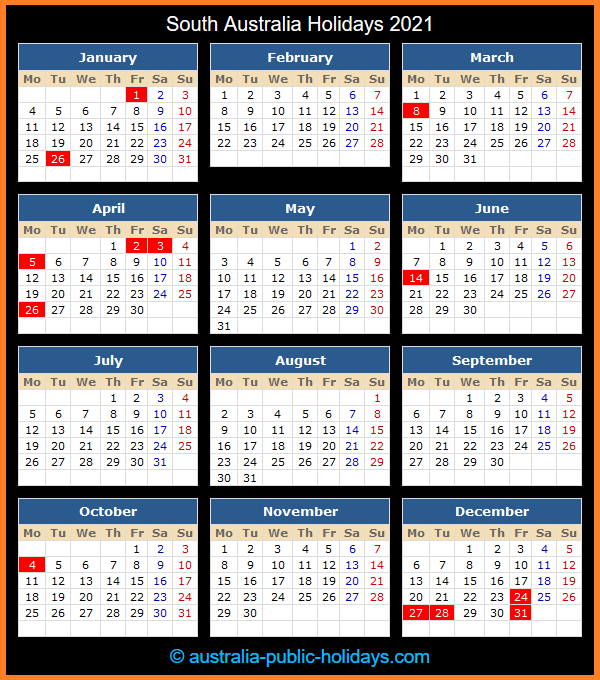 South Australia Holiday Calendar 2021