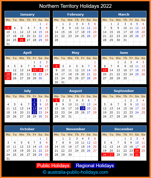 Northern Territory Holiday Calendar 2022