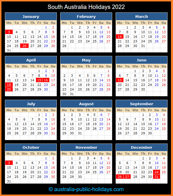 South Australia Holiday Calendar 2022