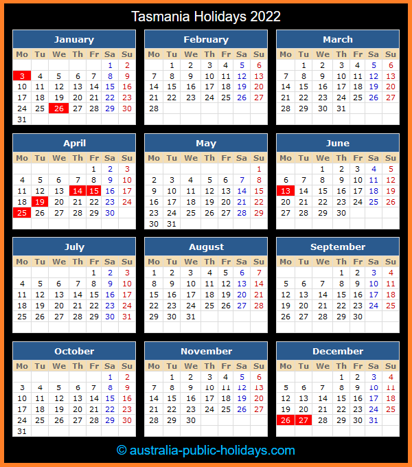 Tasmania Holiday Calendar 2022