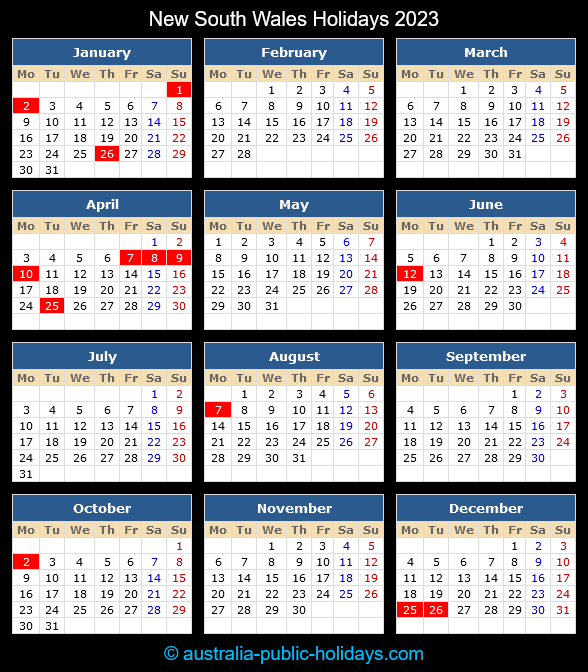 New South Wales Holiday Calendar 2023