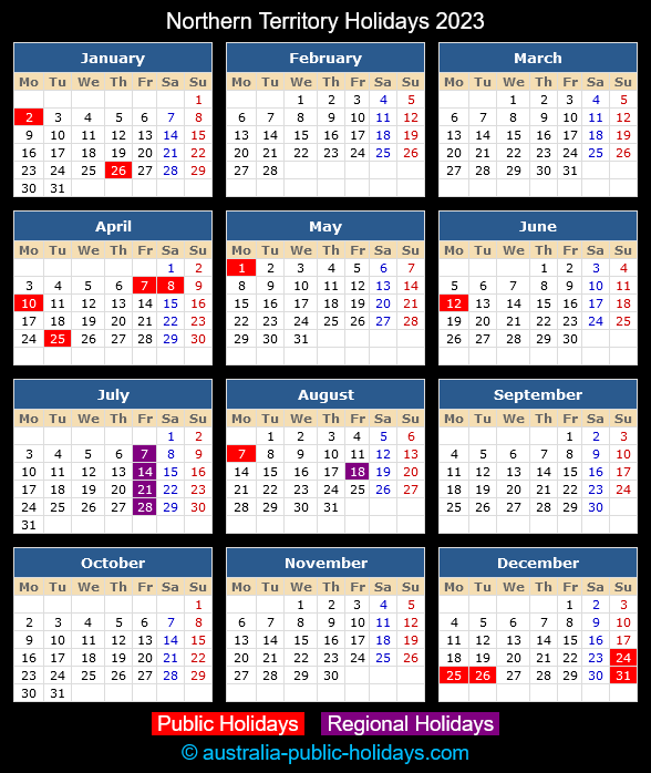 Northern Territory Holiday Calendar 2023