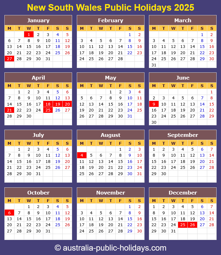 New South Wales Holiday Calendar 2025