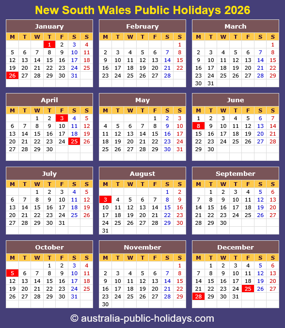 New South Wales Holiday Calendar 2026