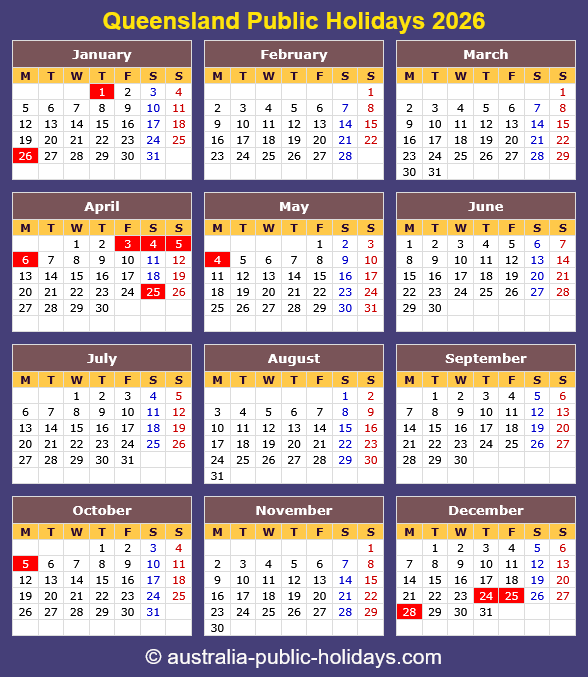 Queensland Holiday Calendar 2026
