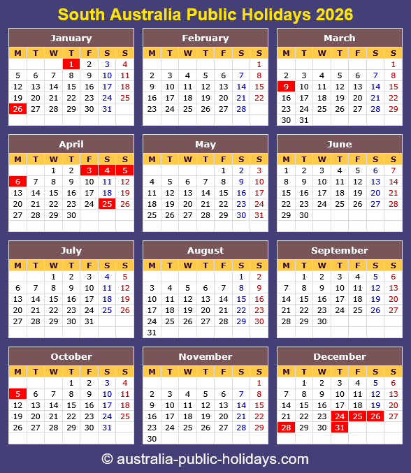 South Australia Holiday Calendar 2026