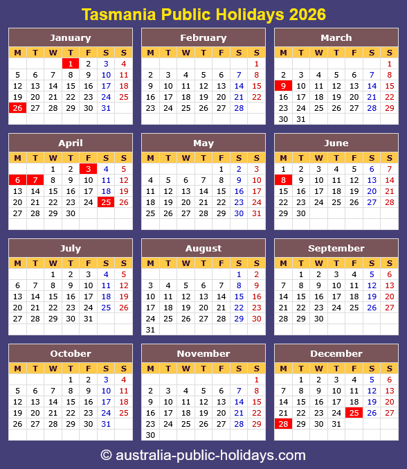 Tasmania Holiday Calendar 2026
