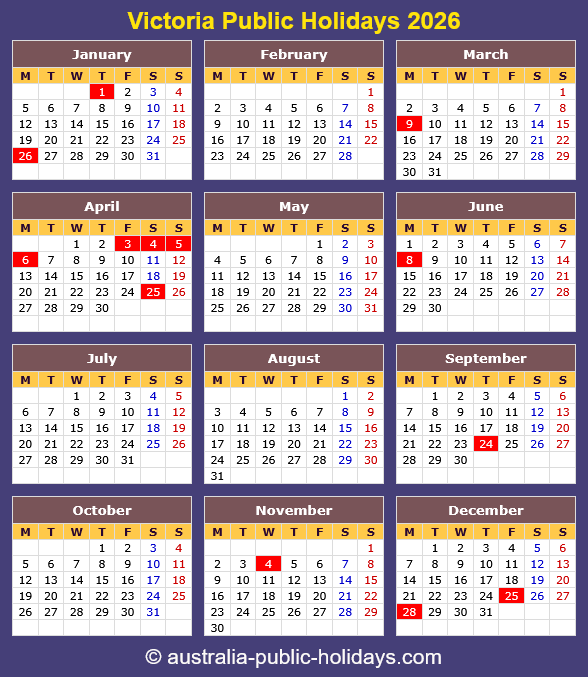 Victoria Holiday Calendar 2026