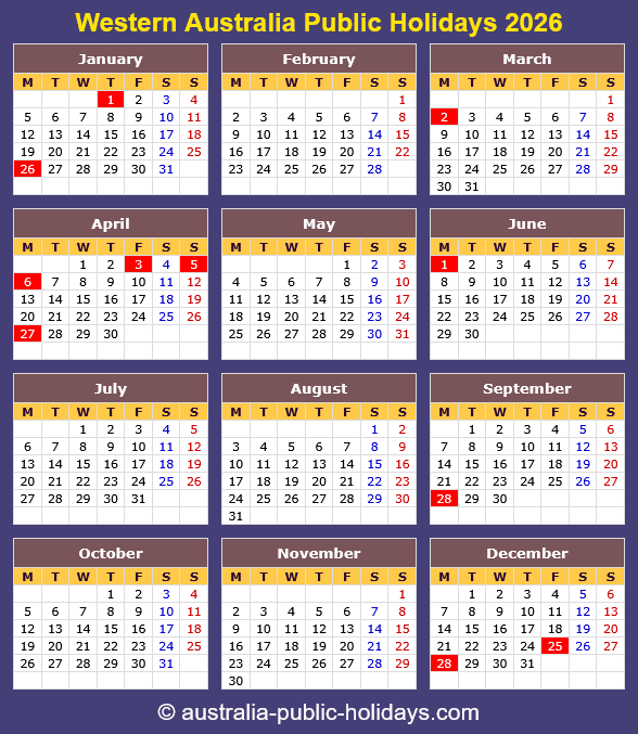 Western Australia Holiday Calendar 2026