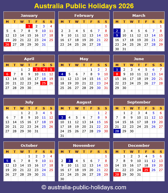 Australia Holiday Calendar 2026